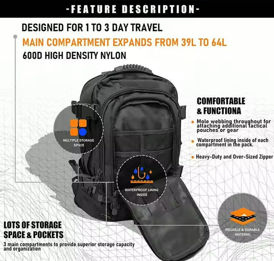 MTR Defense 65L Waterproof Black Multicam Backpack