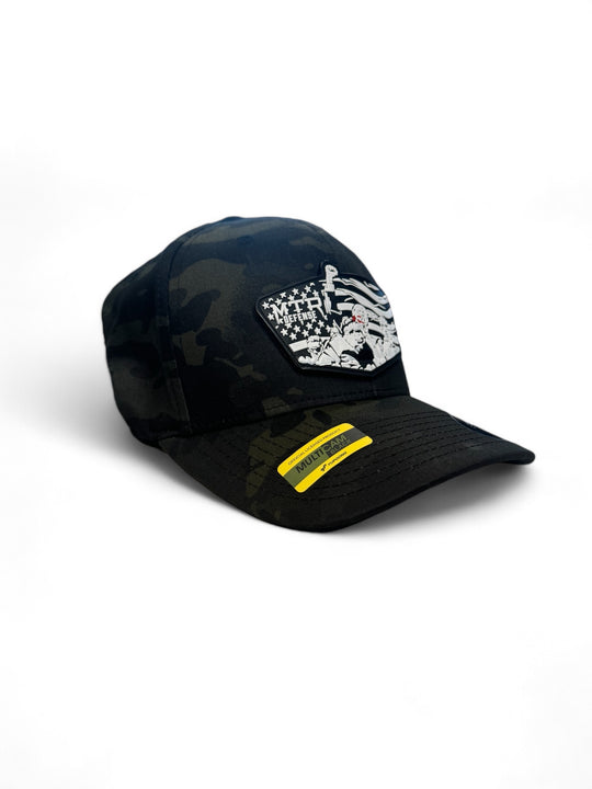 MTR Defense Black Multicam Flex-Fit „It’s Just A Flesh Wound“ – in den USA hergestellte Mütze mit schwarzen, weißen und blutroten PVC-Patches!